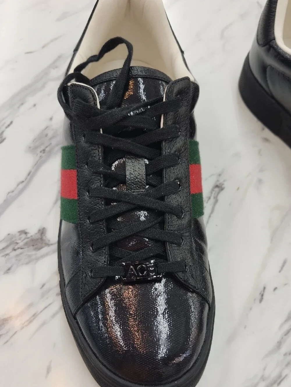 Gucci Black Patent Leather Sneakers with Green & Red Web